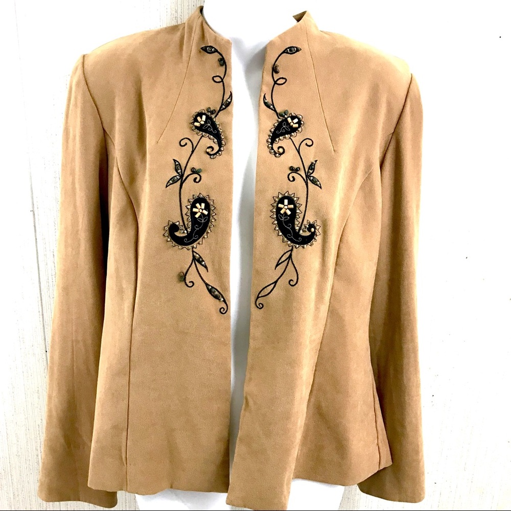 Vintage Studio Jacket Tan Sz 8 Embroidered Beaded Trim Suede Look Blazer Career